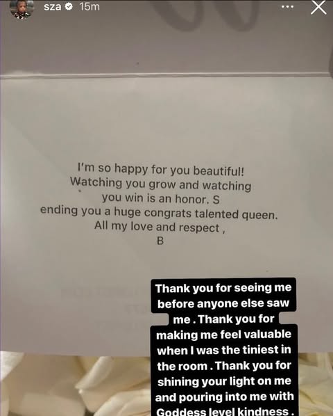 May be a Twitter screenshot of one or more people, makeup and text that says 'sza 15m I'm so happy for you beautiful! Watching you grow and watching you win is an honor. S ending you a huge congrats talented queen. All my love and respect, B Thank you for seeing me before anyone else saw me Thank you for me feel valuable was the tiniest in making when the room. Thank you for shining your light on me and pouring into me with Goddess level Goddesslevelkindness evelkindness kindness.'