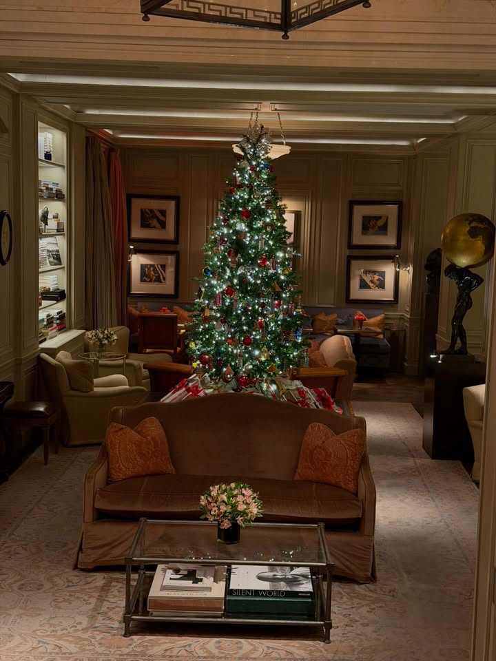 May be an image of christmas tree, grandfather clock, sofa, living room and text