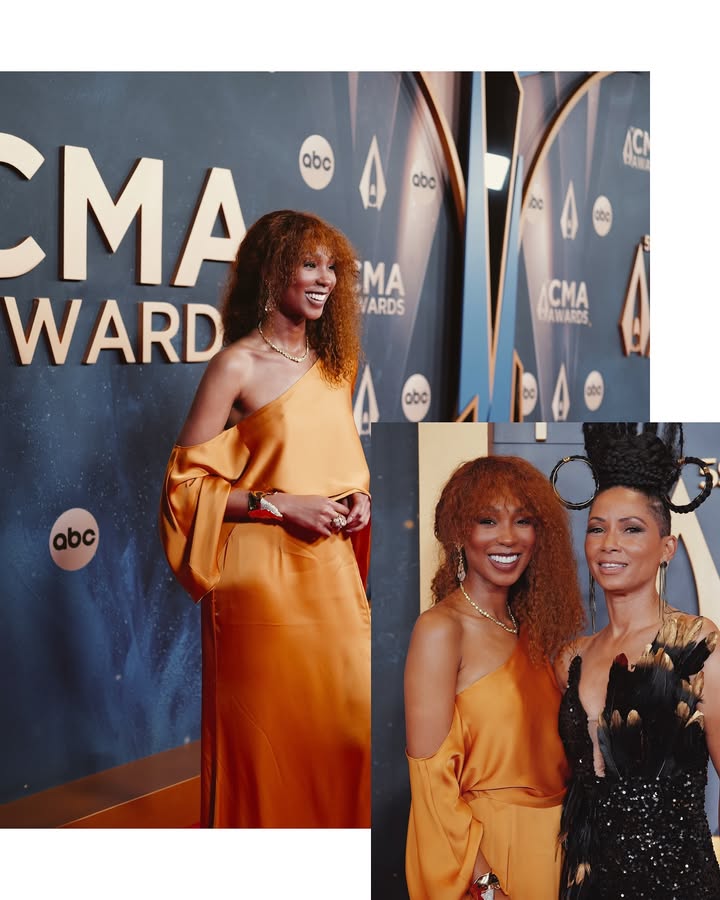 May be an image of one or more people, makeup, dress, carpet, gown and text that says 'abc abc ACI DC CMA VARDS Ma WARD /CMA BAWARDS CMA'