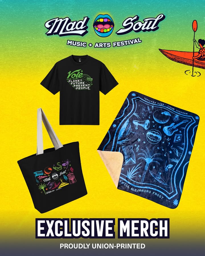 May be a graphic of poster, grocery bag, bandanna and text that says 'Mad Soul MUSIC + ARTS FESTIVAL Vote PLANET OLANET LORESE . PR FUTURE NT PEOPLE (() ንሃላነይ 9A 香么时袜 รเ8ภพ そうののおせ OS รงแ A Ted ਬহકরા XWELL ALEJANDRO FROST EXCLUSIVE MERCH PROUDLY UNION-PRINTED'