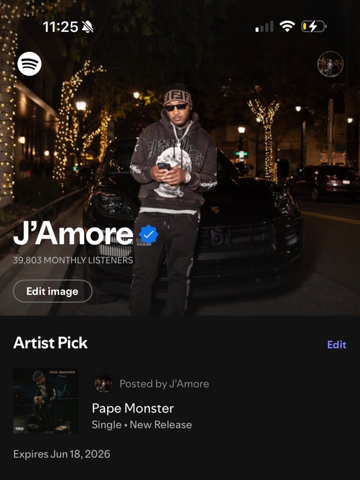 May be an image of magazine, poster and text that says '11:25 Oッチー J'Amore 39,803MONTHLYLISTENERS MONTHLY LISTENERS Edit image Artist Pick Edit Posted PostedbyJ'Amore by J'Amore BENLA Pape Monster MMonster Single New Release Expires Jun ExpiresJun18,2026 18, Jun18,2026 2026'