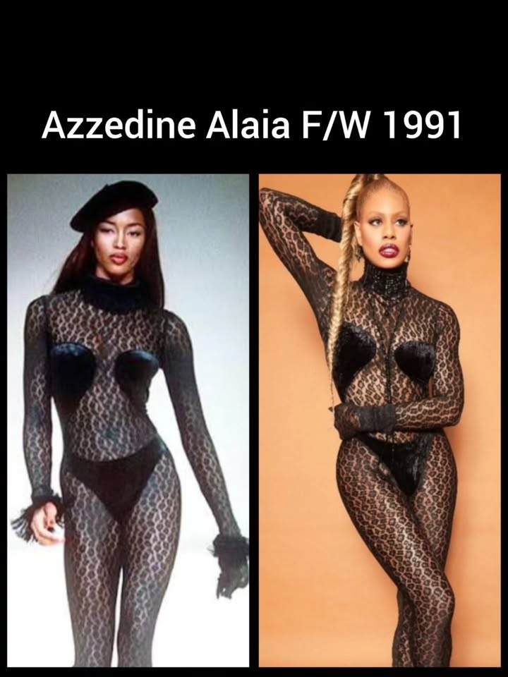 May be an image of one or more people, fishnet stockings, magazine and text that says 'Azzedine Alaia F/W 1991'