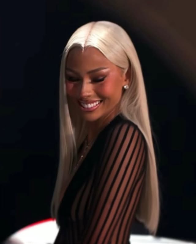 May be an image of one or more people, blonde hair, makeup and text