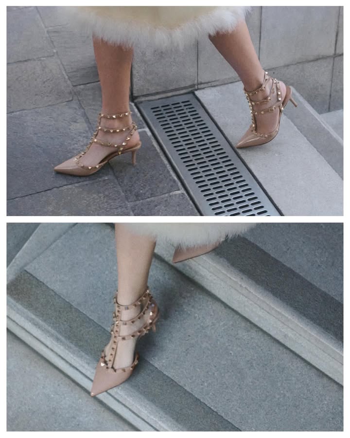 May be an image of high-heeled shoes, sandals, slingback shoes and text