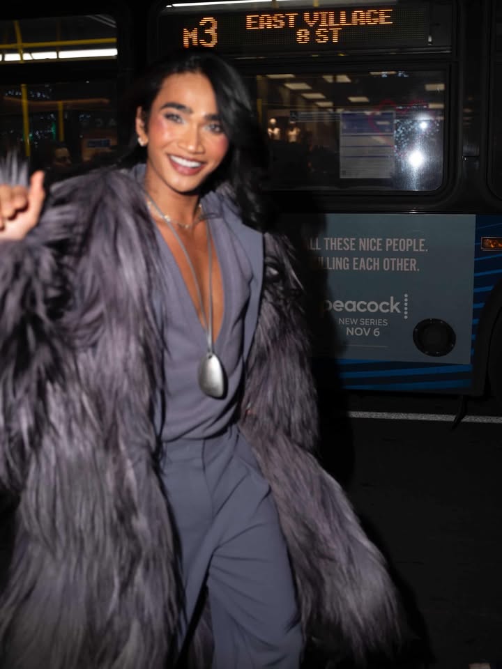 May be an image of one or more people, makeup, fur coat, necklace and text