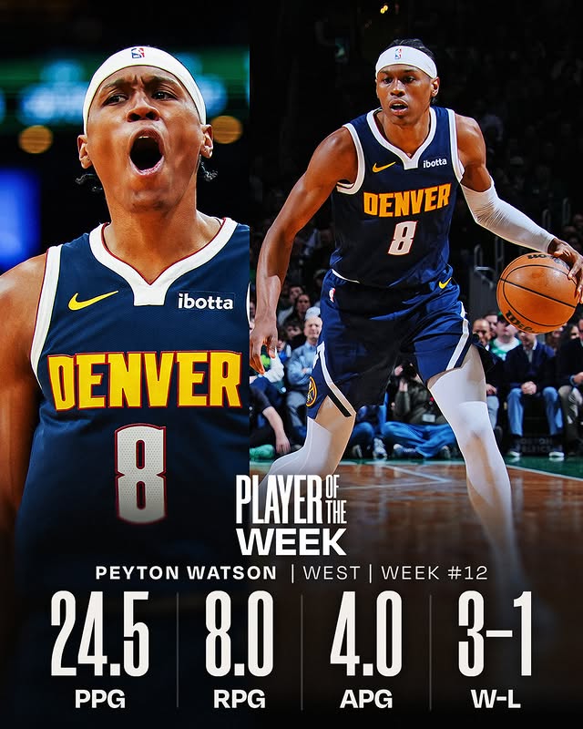 May be an image of basketball, ball, poster and text that says 'B ibotta DENVER A ibotta DENVER 8 PLAYERYHE OF WEEK PEYTON WATSON WEST WEEK #12 24.5 8.0 4.0 3-1 PPG RPG APG W-L'
