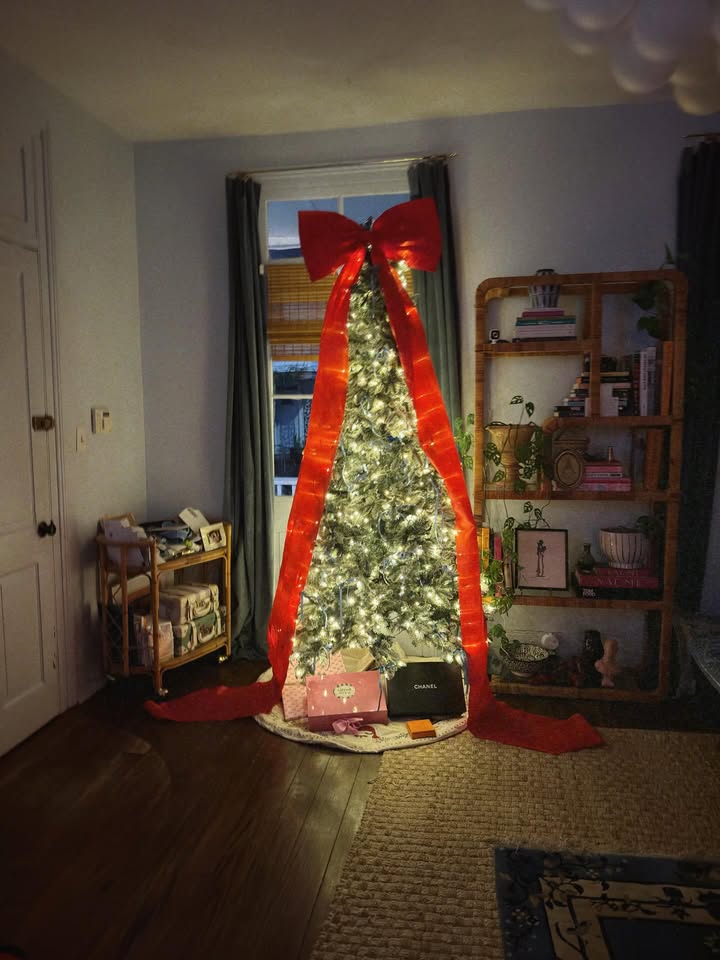 May be an image of christmas tree, tinsel and text