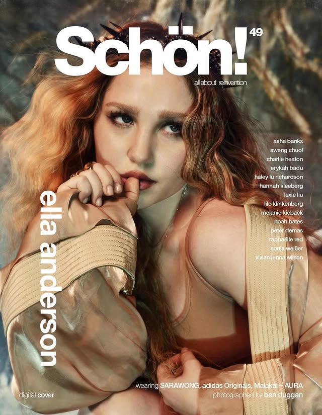 May be an image of one or more people, hair, magazine, poster and text that says 'Schön! 49 allaboutreinvention all allabout reinvention asha banks aweng chuol charlie heaton erykah badu haley richardson hannah hannahkleeberg kleeberg lexiel lilo klinkenberg melanie kieback noah bates peter demas raphaelle red sonja weißer vivian vivianjennawilson jenna wilson ella anderson digital cover wearing SARAWONG, adidas Originals, Malakai AURA photographed photographeabybenduggan by by ben duggan'