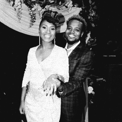 May be a black-and-white image of one or more people, suit, dress, gown, dinner jacket, wedding and text