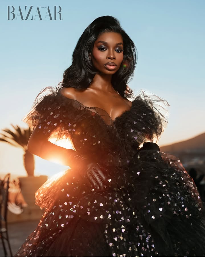 May be an image of one or more people, makeup, gown, magazine and text that says 'BAZAAR'