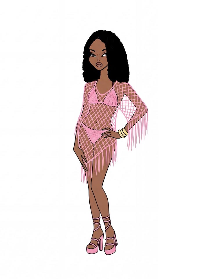 May be pop art of dancing, fishnet stockings and text