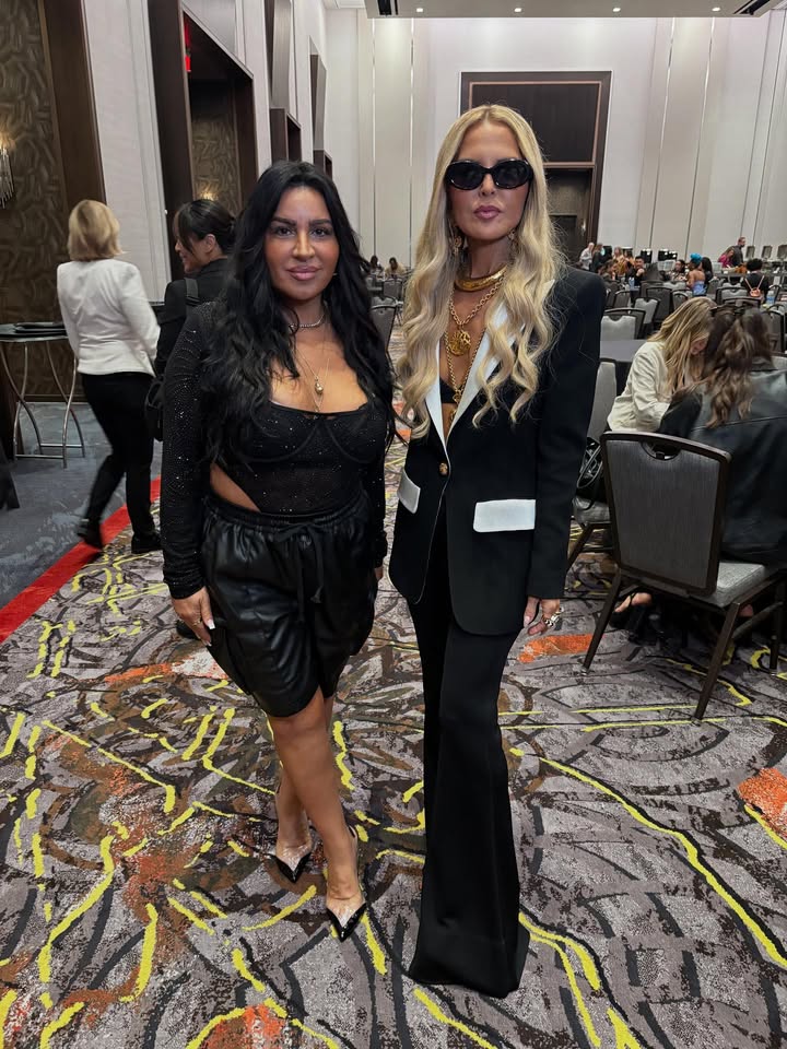 May be an image of one or more people, blonde hair, makeup, eyewear, carpet and text