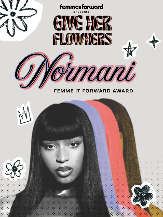 May be pop art of magazine, poster and text that says '花 femmerforward presents τνε GIVEHER HER FLOWHERS Normani IT FORWARD AWARD FEMME M'