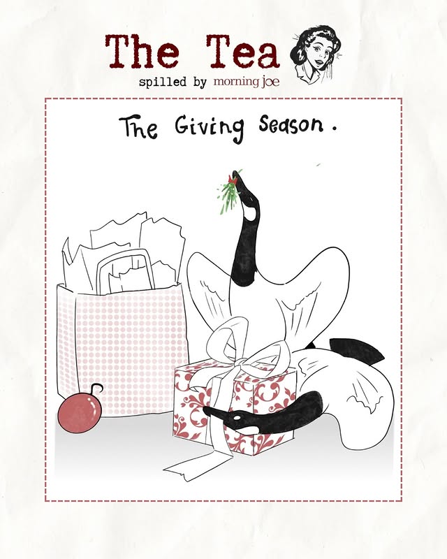 May be a graphic of tea, teacup, magazine, poster and text that says 'The Tea spilled by spilledbymormingjoe morning joe The Giving Season'
