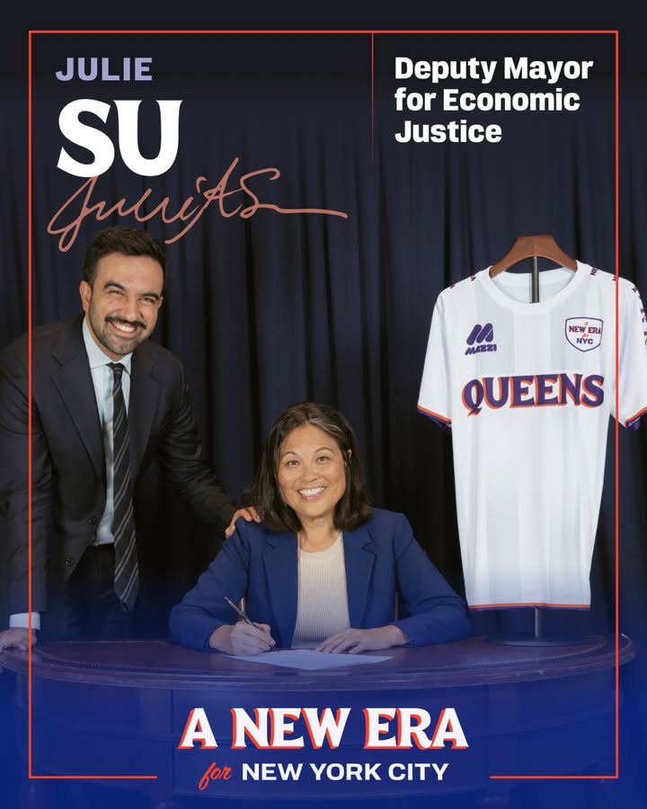 May be an image of one or more people, magazine, poster, banner and text that says 'Deputy Mayor for Economic Justice JULIE SU Juerifs I0 mABИ NEW ERA NYC QUEENS A NEW ERA for NEW YORK frNEWYORKCITY CITY'
