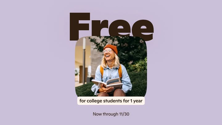 Smiling young woman on a bench with “Free” above her, set against a vibrant purple background.