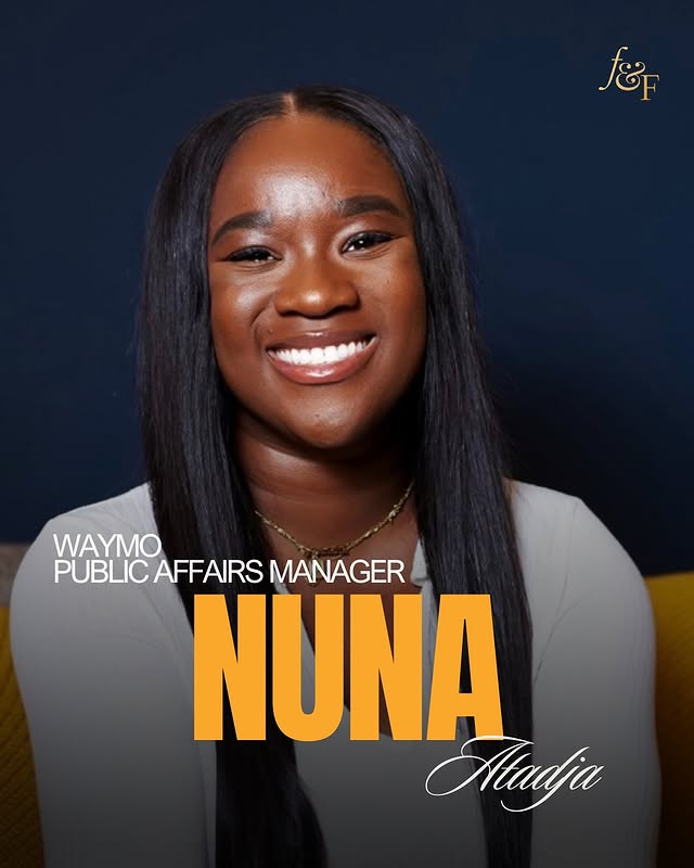 May be an image of one or more people, hair, people smiling, poster, magazine and text that says '$ែត WAYMO PUBLIC PUBLICAFFAIRSMANAGER AFFAIRS MANAGER NUNA Madja'