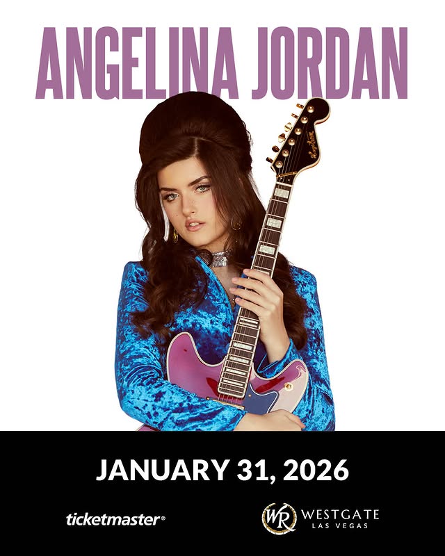 May be an image of guitar, magazine, poster and text that says 'ANGELINA JORDAN AИй JANUARY 31, 2026 ticketmaster® WR WESTGATE LASVEGAS AS LAS'