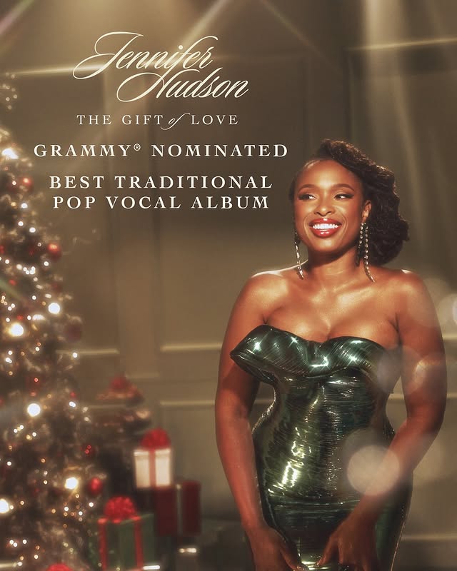 May be an image of one or more people, christmas tree, poster, tinsel, magazine and text that says 'Jenifee Jenutddsen Nudbon THE GIFTY LOVE GRAMMY® NOMINATED BEST TRADITIONAL POP VOCAL ALBUM 8 i'