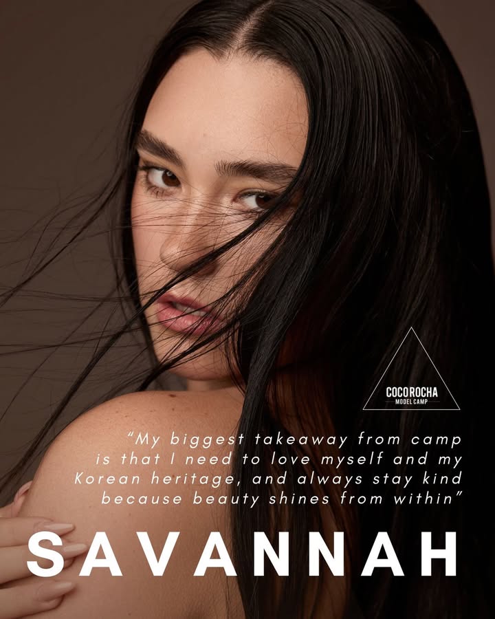 May be an image of one or more people, makeup, hair, poster, magazine and text that says 'COCOROCHA MODE CAMP "My biggest takeaway from CAT isthat/need need to love myself and my is that Korean heritage, and always stay kind because beauty shines from within" SAVANNAH A'