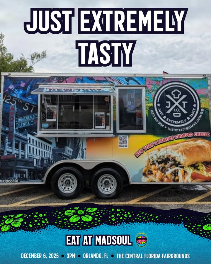 May be an image of text that says 'JUST EXTREMELY TASTY MALCOLM ETLENOX J T (407) JUST 台 TASTY 801 3134 JUSTXTAST EXTREMEL GMAIL NEW WPORK'SFAMOUS CHOPPED CHEESE FDS855598 EAT AT MADSOUL DECEMBER 6. 2025 3PM ORLANDO, FL THE CENTRAL FLORIDA FAIRGROUNDS'