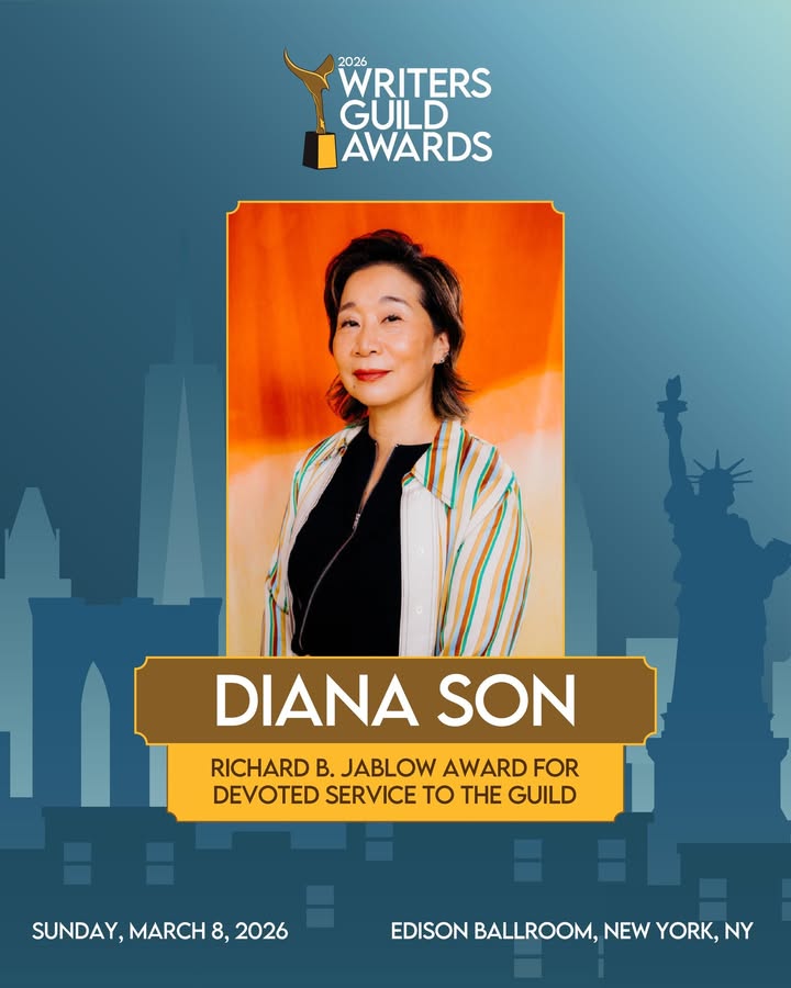 A photo of Diana Son, recipient of the Jablow Award for Devoted Service to the Guild at the 2026 Writers Guild Awards, taking place Sunday, March 8, 2026 at the Edison Ballroom in NYC.