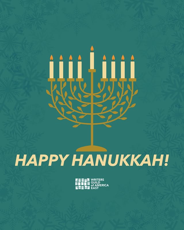 An illustration of a Hanukkah menorah over a green background with snowflakes. The text below reads "Happy Hanukkah!" and below it is the WGAE logo.