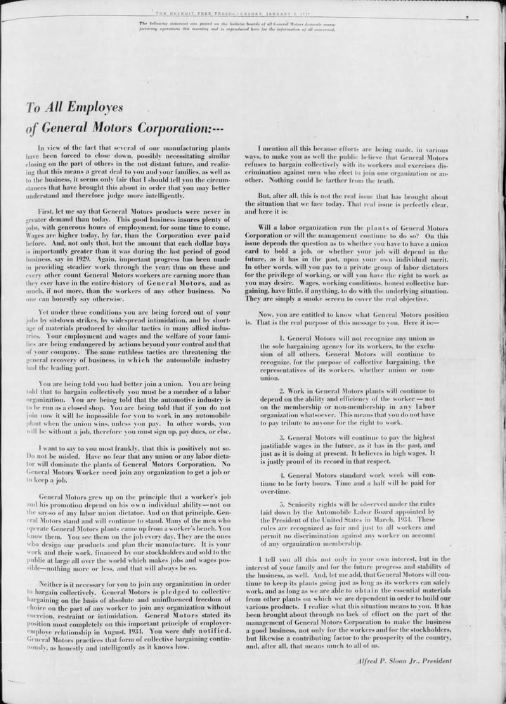 May be an image of blueprint, newspaper, crossword puzzle and text that says '. lume すんrarすa！ To All Employes General Motors Corporation:--- several പ் manulacturing vier foreed mention Ithi BeeawKe being made. PE lemand varieus farther ヨ動・ face isalle labar organization perleetly elear, this disidual TI samply That Ceneral Motors indaniry แมัดก continne do: ሰ planin continne Bol abor organizalion Cieneral justly highiest principle worker's vertime. con- organization oeler " จะ 加日なりで。 S- hone-l intelligently uryaining knoww means prosperity the country, Alfred Sloen r+ P'resident'