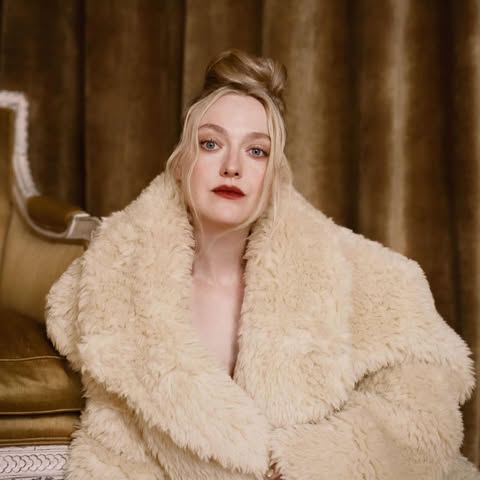 May be an image of one or more people, blonde hair, makeup, sable coat, goosedown coat, jacket, robe and text