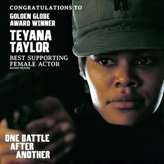 May be an image of one or more people, poster, magazine and text that says 'CONGRATULATIONST TO GOLDEN GLOBE AWARD WINNER TEYANA TAYLOR BEST SUPPORTING FEMALE ACTOR MOTIO PICTURE ONE BATTLE AFTER ANOTHER'