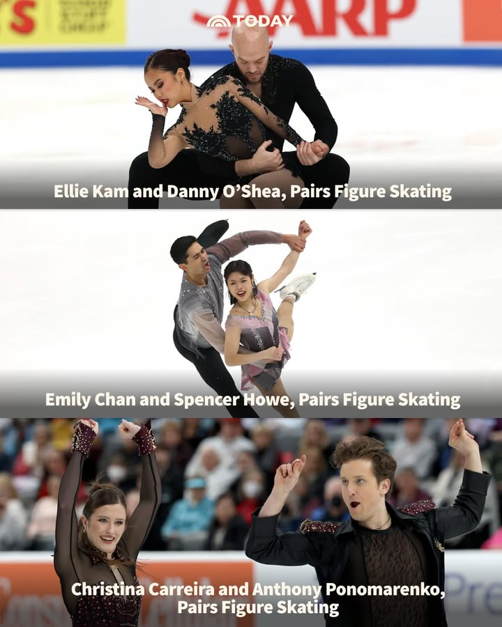 May be an image of skates and text that says 'S TODAY RP Ellie Kam and Danny O'Shea, Pairs Figure Skating Emily Chan and Spencer Howe, Pairs Figure Skating Christina Carreira and Anthony Ponomarenko, Pairs Figure Skating'
