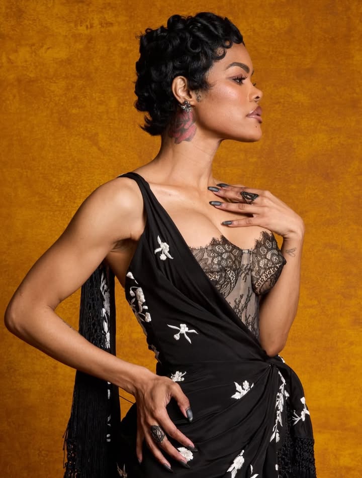 May be an image of one or more people, makeup, halter top, dress, gown and text