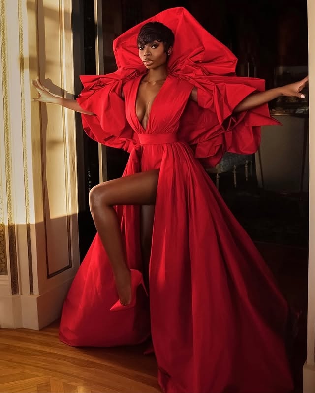 May be an image of robe, dress, gown and text