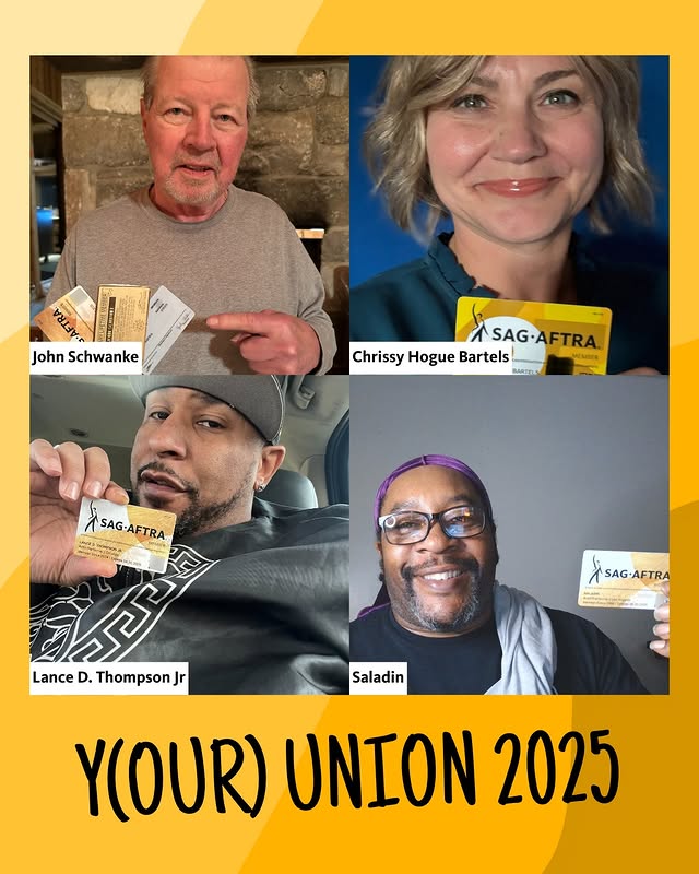 May be an image of card, playing cards and text that says 'John Schwanke ASAG-AFTRA AFTRA SAG ChrissyHogueBartels. BARTEИ Chrissy Hogue Bartels MEMPOR SAG-AFTRA SAG-AFTRA गरयय Lance D. ThompsonJ Jr R SAG-AFTRA SAG-AFTRA Saladin Y(OUR) UNION 2025'