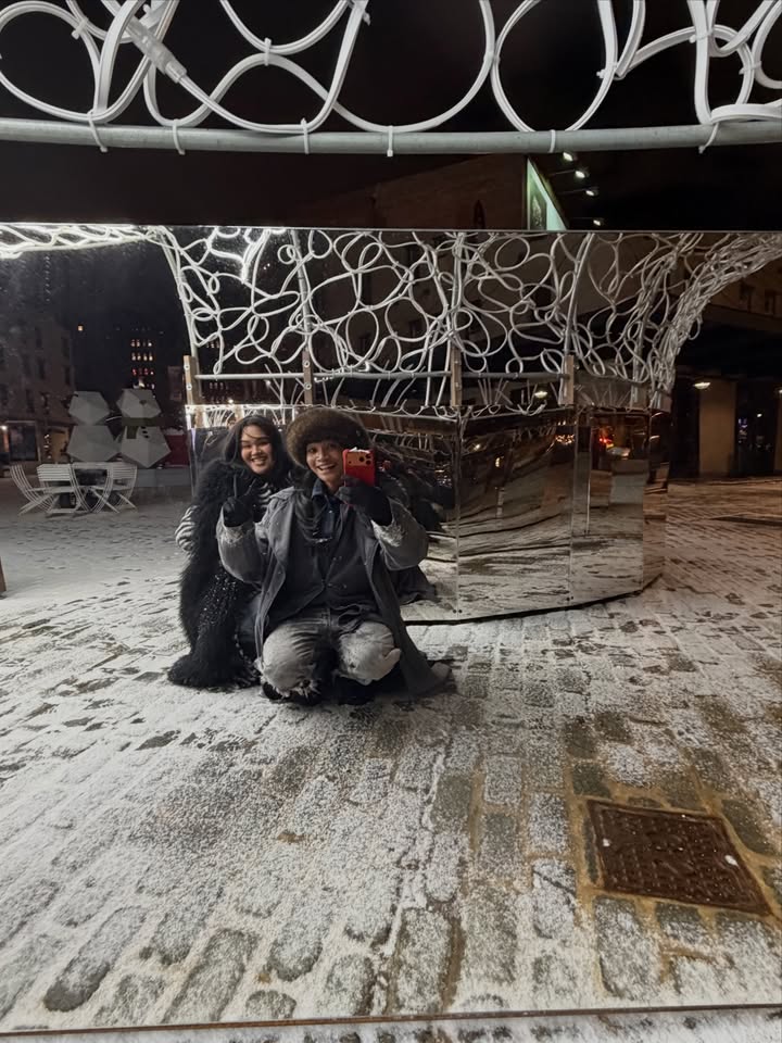 May be an image of parka, snow, night and text