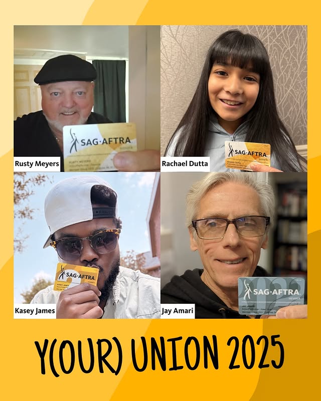 May be a Twitter screenshot of one or more people, poster, magazine and text that says 'SAG-AFTRA AFTRA mлa Rusty RustyMeyers Meyers Rachael RachaelDutta Dutta SAG-AFTRA SAG SAG-AFTRA AFTRA. Kasey KaseyJames James Jay Amari SAG-AFTR SAG -AFTRA Y(OUR) UNION 2025'