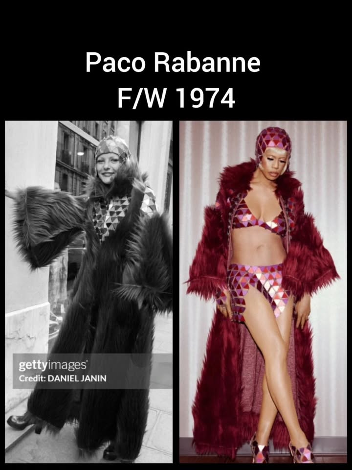 May be an image of one or more people, hair, fur coat, shawl, magazine and text that says 'Pao Rabanne F/W F/W1974 1974 gettyimages gettyi images Credit: Credit:DANIELJANIN DANIEL JANIN'