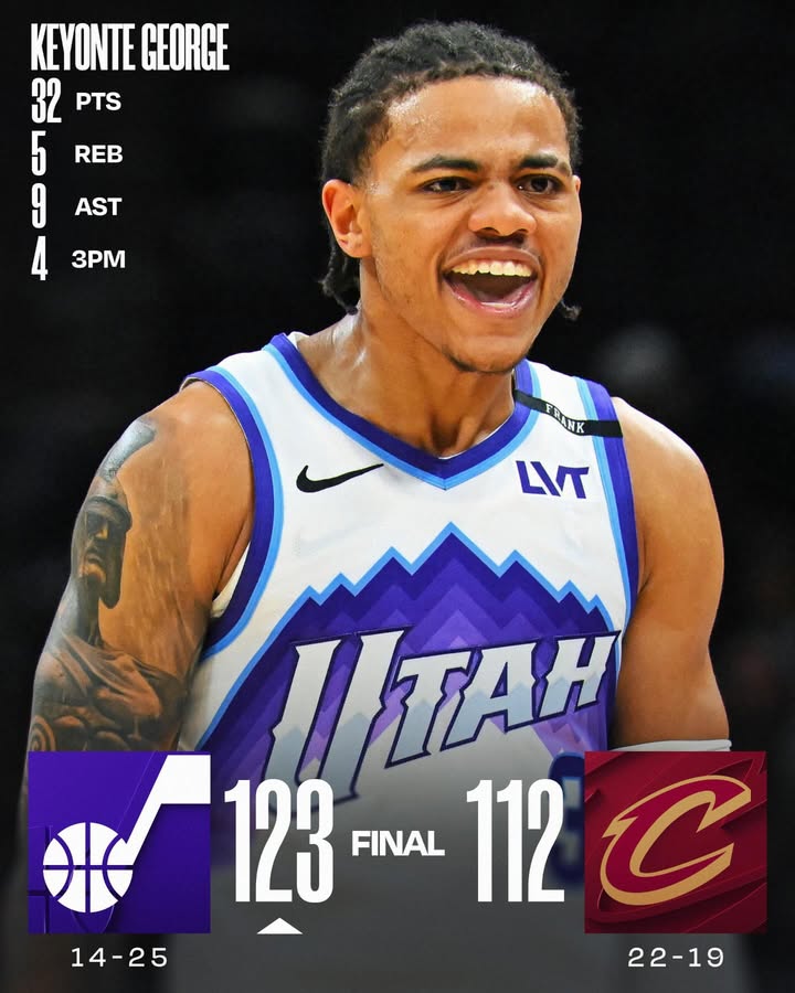 May be an image of basketball, ball and text that says 'KEYONTE GEORGE 32 PTS 5 REB 9 AST 3PM FRINK LVT ITAH 米 123112C 2C 123 FINAL 112 14-25 14 22-19'