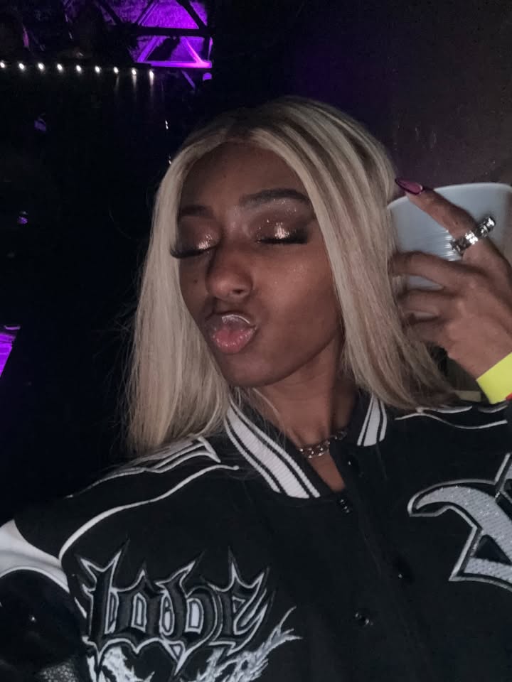 May be a selfie of one or more people, blonde hair, makeup, jacket and text