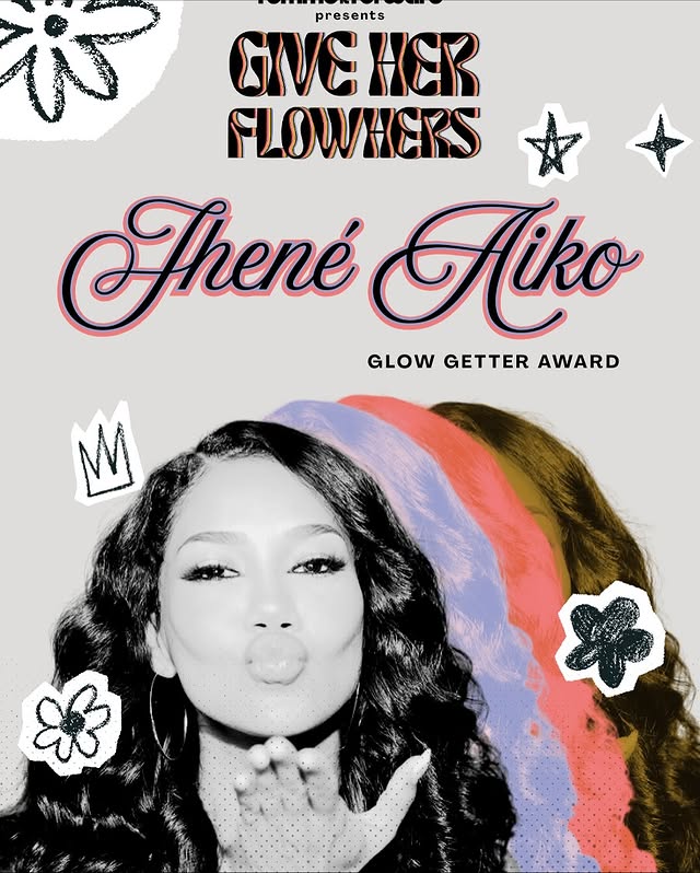 May be pop art of poster, magazine, baby's-breath and text that says 'i presents GIVE HER FLOWHERS Thené GLOW GETTER AWARD M み'