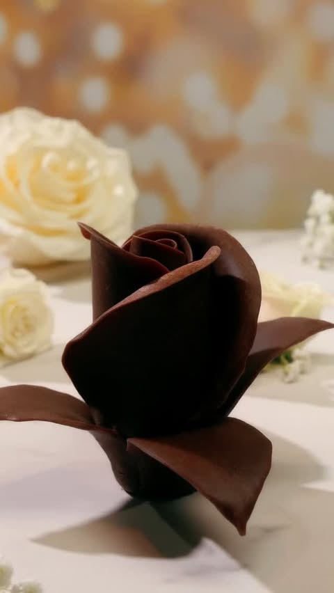 A chocolate rose spins. It opens to reveal a beautiful petite chocolate diamond ring, haloed with nude diamonds and set in gold. It sparkles and bokeh flares cross the screen.