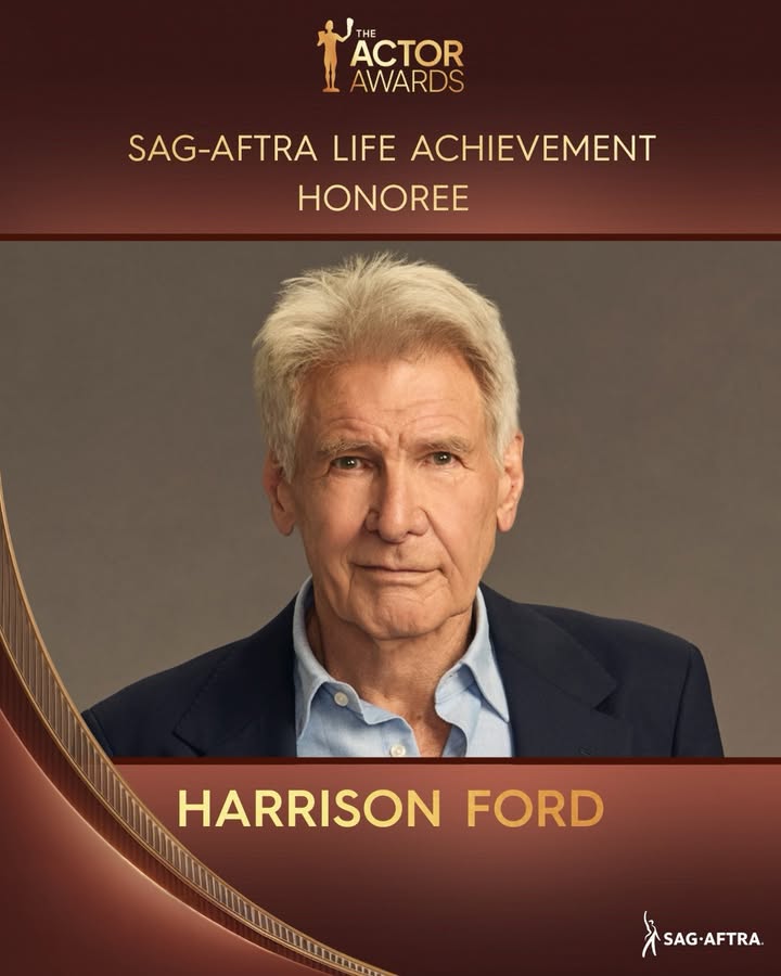 May be an image of one or more people, poster, magazine and text that says 'He THE ACTOR AWARDS SAG SAG-AFTRA LIFE ACHIEVEMENT HONOREE HARRISON FORD SAG-AFTRA X SAG AFTRA'