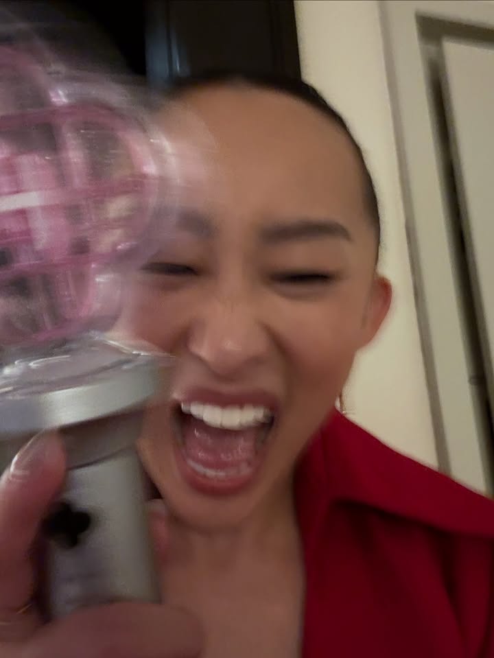 May be a selfie of hair dryer, tambourine, microphone, cocktail shaker and text