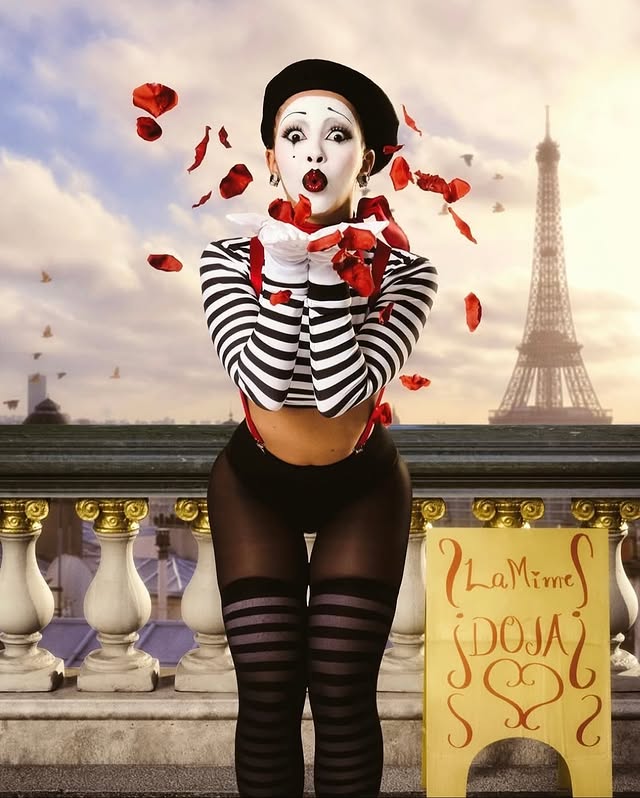 May be pop art of poster, tights, beret, fishnet stockings and bowler hat