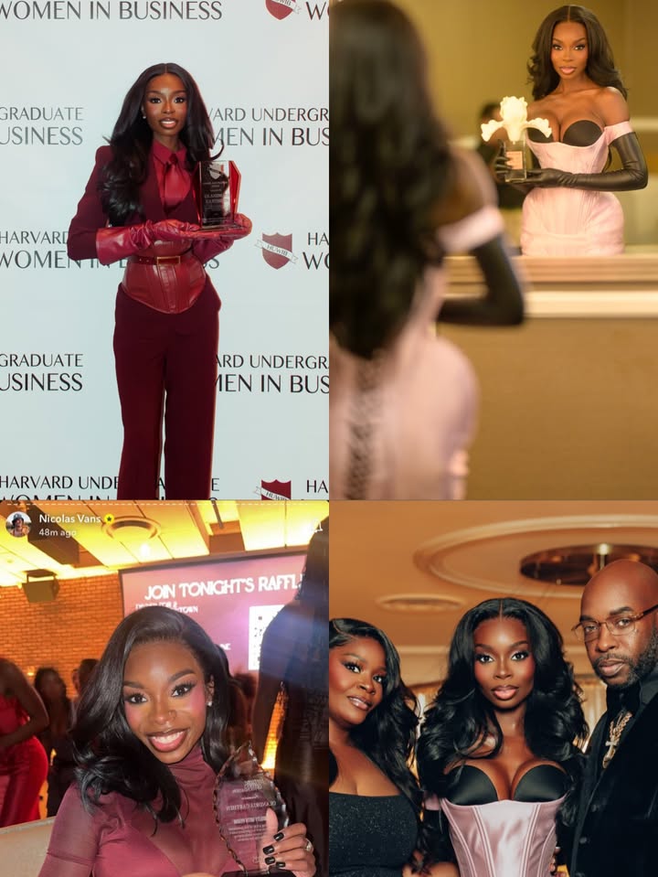 May be an image of one or more people, makeup, gown, magazine, dress, carpet and text