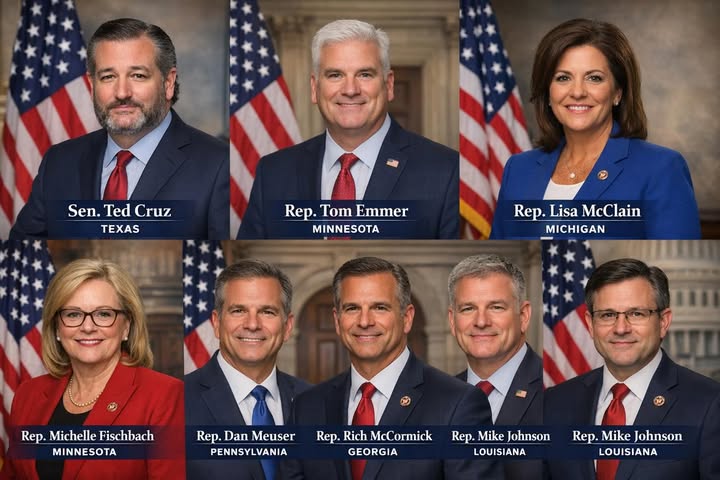 May be an image of one or more people, the Oval Office and text that says 'Sen.TedCruz Sen. Ted Cruz TEXAS Rep. Rep.TomEmmer Rep.Tom Tom Emmer MINNESOTA Rep.LisaMcCla Rep. Lisa McClain MICHIGAN Rep. Michelle Fischbach MINNESOTA Rep. Dan Meuser PENNSYLVANIA Rep. Rich McCormick GEORGIA Rep. Rep.MikeJohnson Mike Johnson LOUISIANA Rep.MikeJohnson Rep. Mike Johnson LOUISIANA'