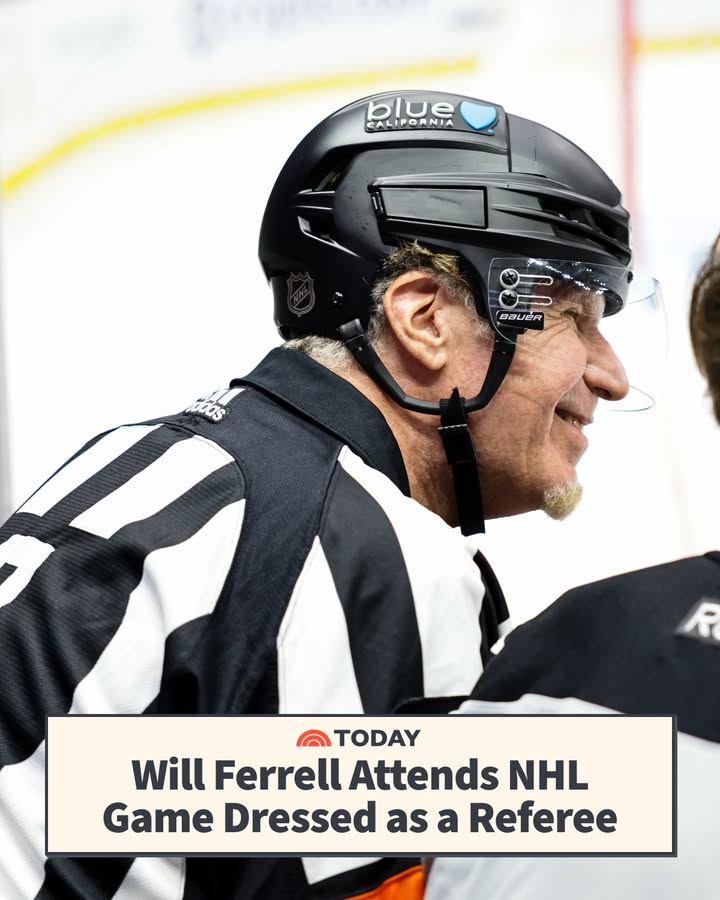 May be an image of hockey, hockey stick and text that says 'blue CALIFORNIA 年 BQUER ピR B0L aS R TODAY Will Ferrell Attends NHL Game Dressed as a Referee'