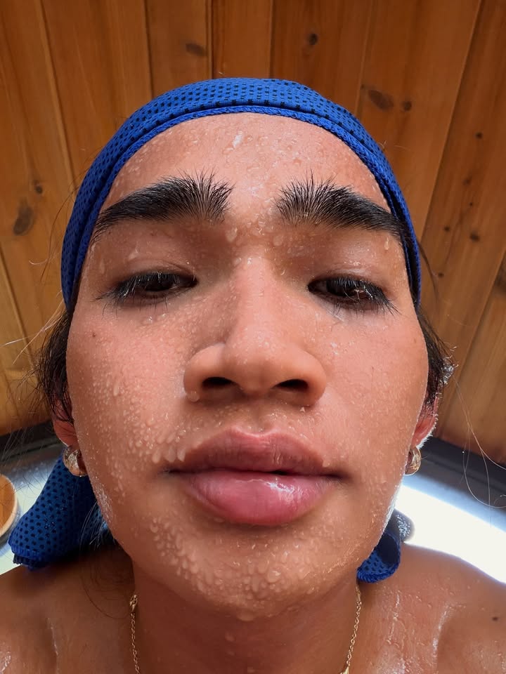 May be a selfie of one or more people, shower, pool and text