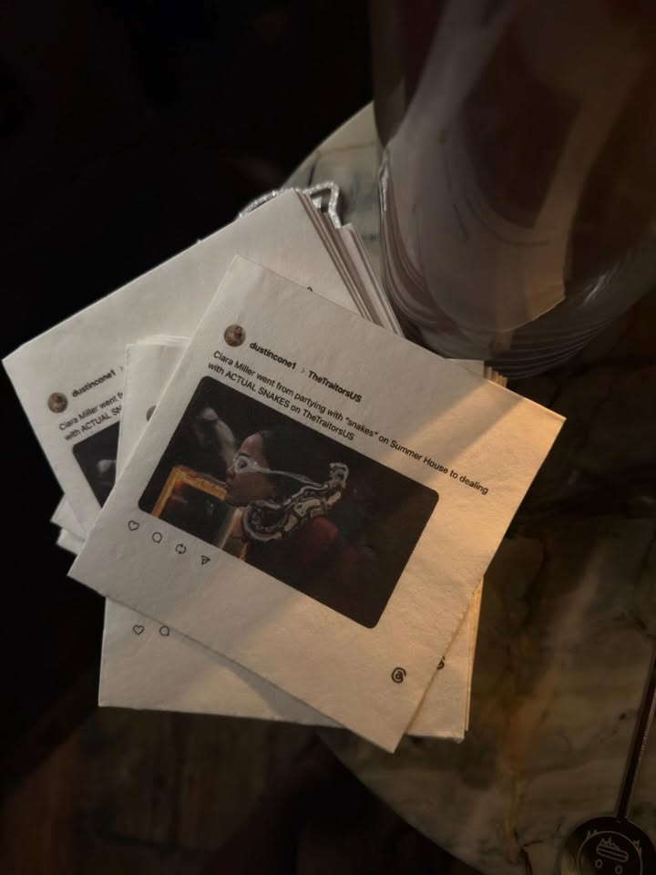 May be an image of book, napkin and text that says 'dustinconet Ciara M ACTUAL with Ciara with/ dustincone1 ACTUAL Miller want SNAKE on on NAKES ntfrom TheTraitorsus Summer House to dealing'