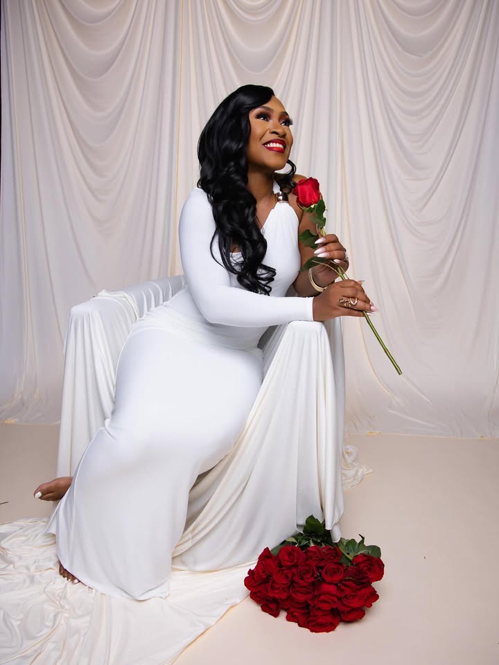 May be an image of one or more people, makeup, gown, rose and text